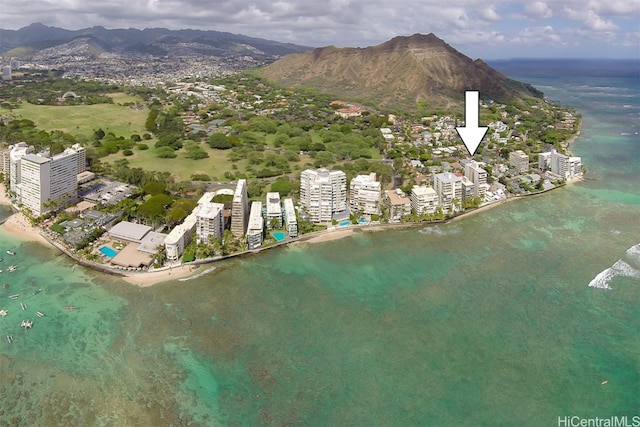 aerial view with a water and mountain view