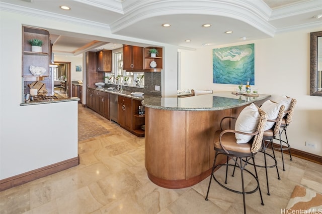 bar with stainless steel dishwasher, sink, decorative backsplash, and crown molding