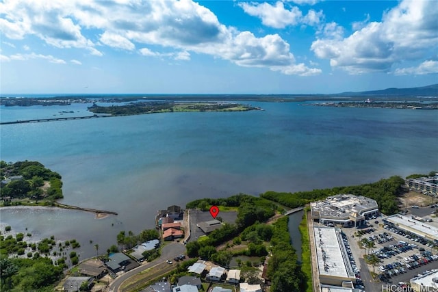 drone / aerial view with a water view