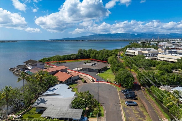 bird's eye view featuring a water and mountain view