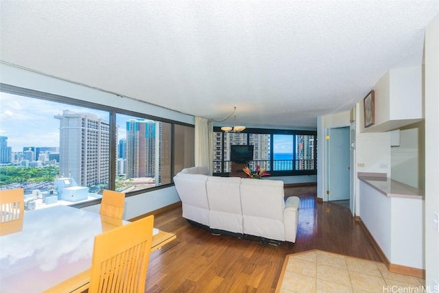 living room featuring light hardwood / wood-style floors and a textured ceiling