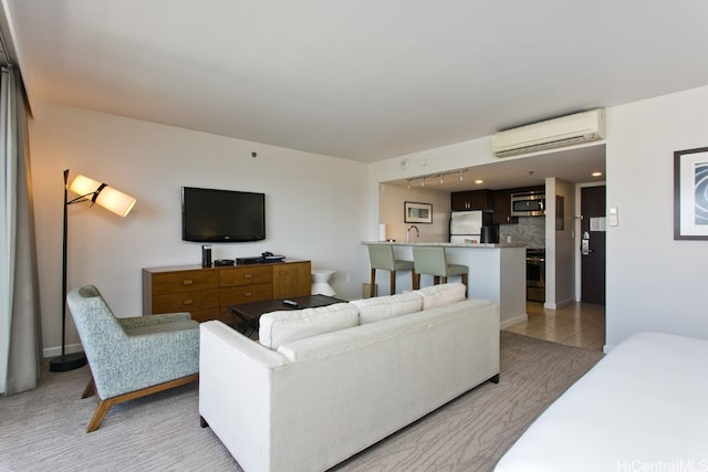 tiled living room with an AC wall unit