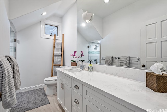 bathroom with a shower with door, vanity, wood-type flooring, and toilet