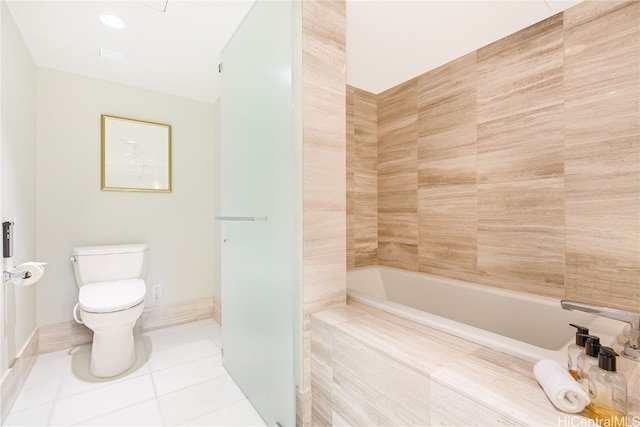 bathroom featuring toilet, separate shower and tub, and tile patterned flooring