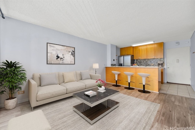 living room with a textured ceiling and light hardwood / wood-style flooring