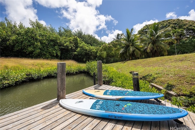 dock area with a water view and a lawn