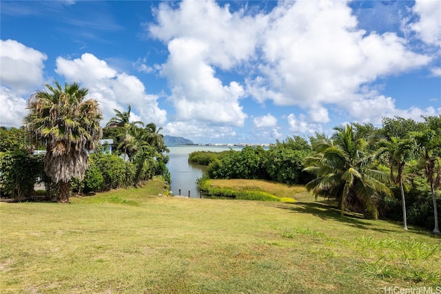 view of yard with a water view