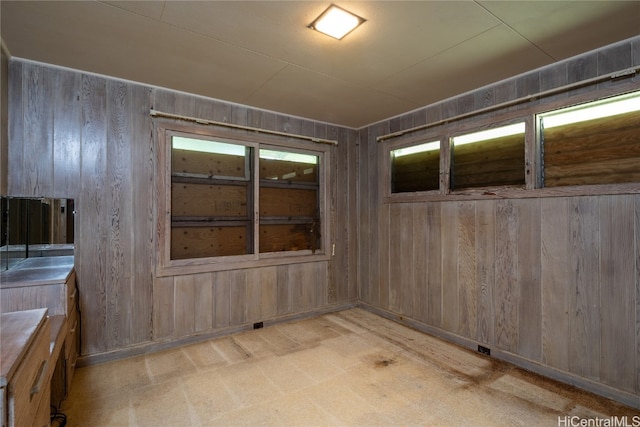 spare room with a healthy amount of sunlight, light colored carpet, and wooden walls