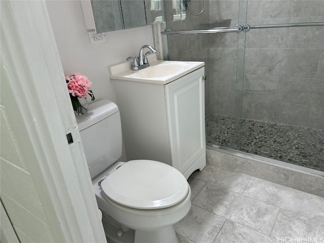 bathroom with vanity, toilet, and a shower with door