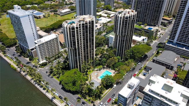 aerial view featuring a water view