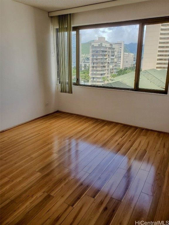 unfurnished room with wood-type flooring and a textured ceiling