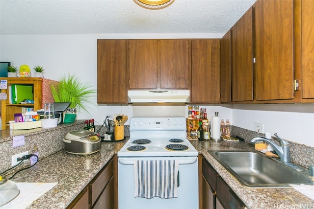 kitchen with sink, electric range, and a textured ceiling