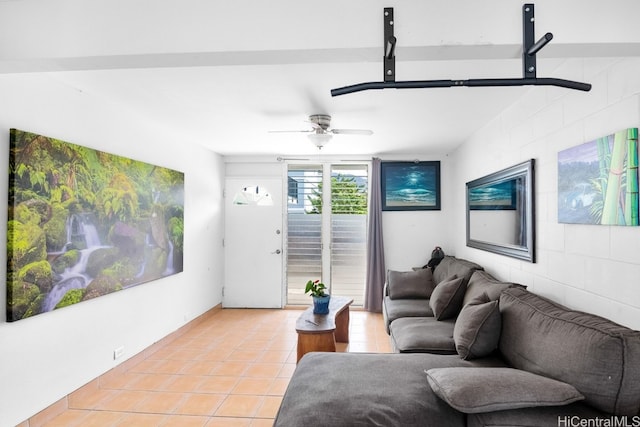 living room with light tile patterned flooring and ceiling fan