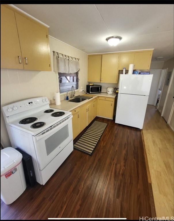 kitchen featuring light brown cabinetry, sink, dark hardwood / wood-style floors, and white appliances