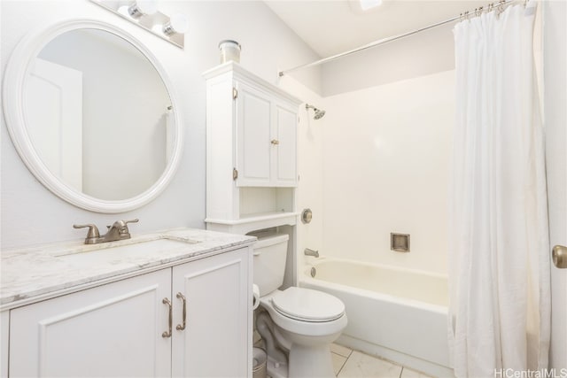 full bathroom with vanity, toilet, tile patterned flooring, and shower / tub combo with curtain