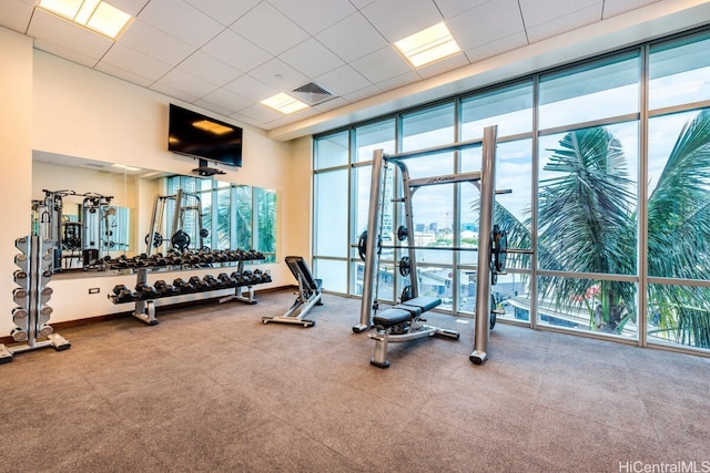 exercise room featuring a drop ceiling