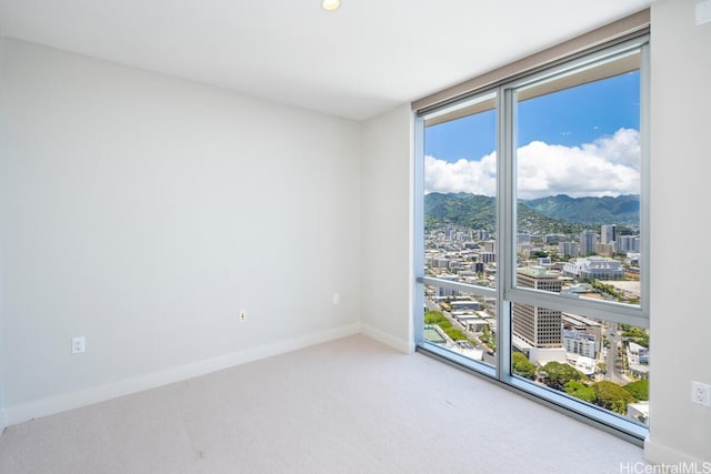 carpeted empty room featuring a wealth of natural light and a mountain view