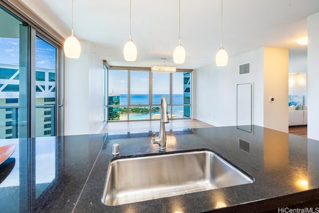 kitchen featuring a water view, wood-type flooring, sink, and decorative light fixtures