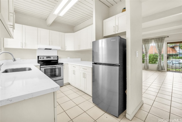 kitchen featuring appliances with stainless steel finishes, sink, white cabinetry, beamed ceiling, and light tile patterned floors