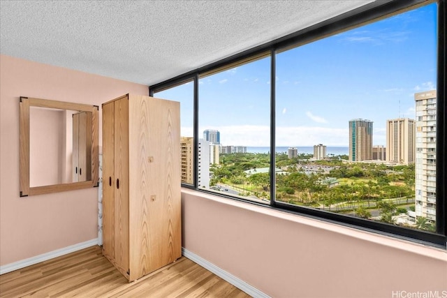 spare room featuring a textured ceiling, baseboards, light wood-type flooring, and a city view