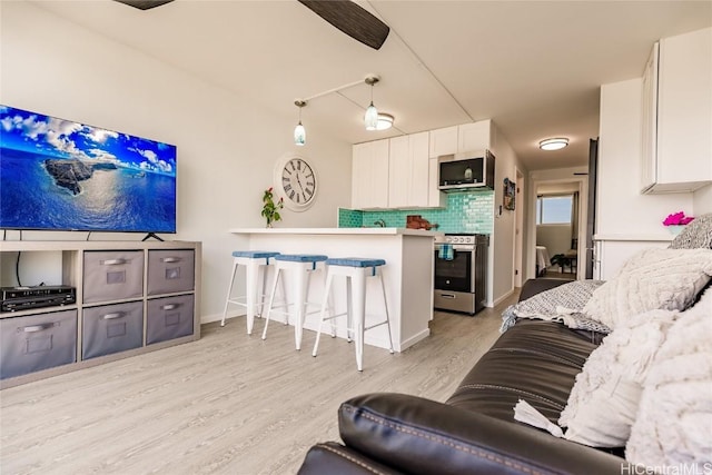 living room featuring baseboards and light wood-style flooring