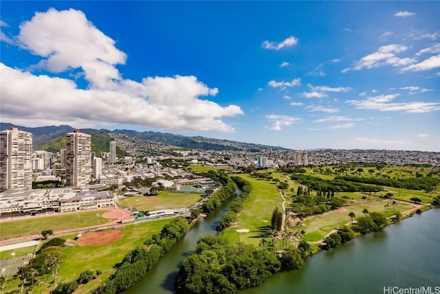 aerial view with a view of city and a water view