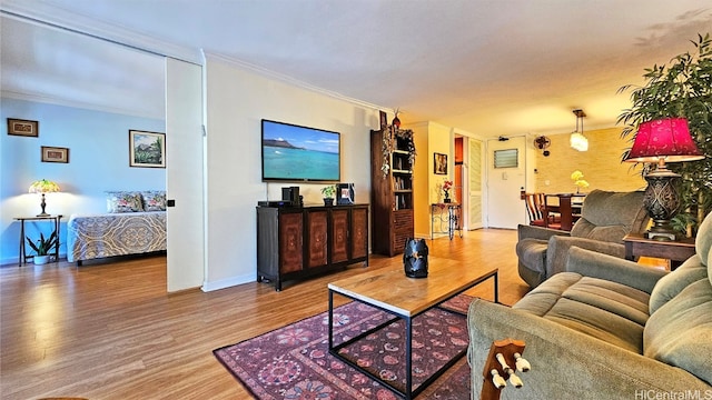 living room featuring ornamental molding and hardwood / wood-style floors