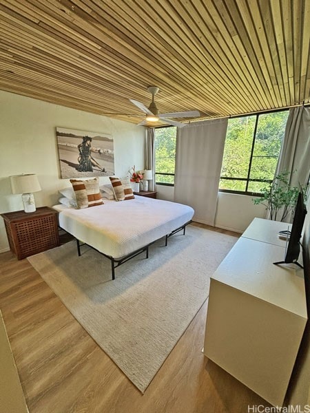 bedroom featuring ceiling fan, wood ceiling, and hardwood / wood-style floors