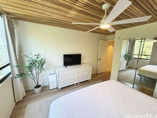 bedroom with wood-type flooring, wooden ceiling, and ceiling fan