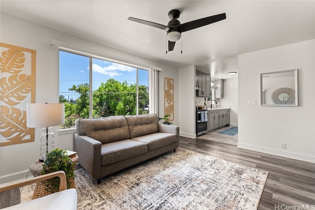 living room with sink, ceiling fan, and dark hardwood / wood-style flooring