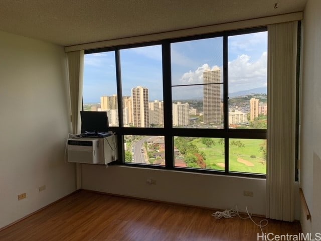 empty room with hardwood / wood-style flooring and a textured ceiling