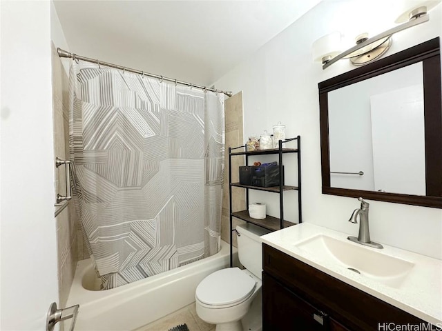 bathroom with shower / bathtub combination with curtain, vanity, and toilet