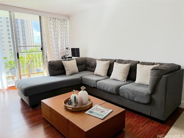 living area with a wall of windows and dark wood-style flooring