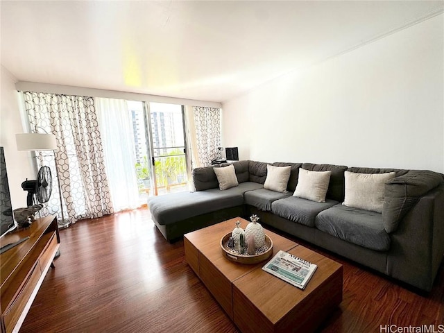 living area with dark wood-style floors and a wall of windows