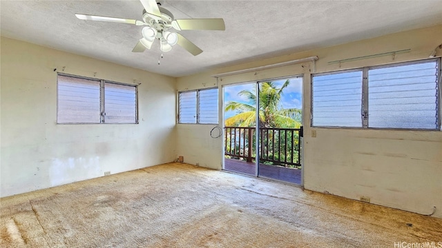 spare room featuring light carpet, a textured ceiling, and ceiling fan