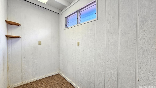 interior space featuring wood walls and carpet flooring