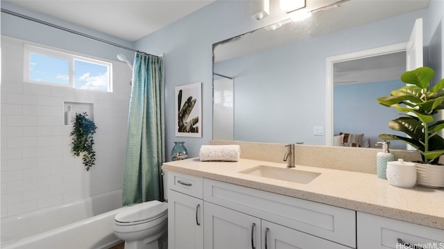 full bathroom with vanity, toilet, and shower / bathtub combination with curtain