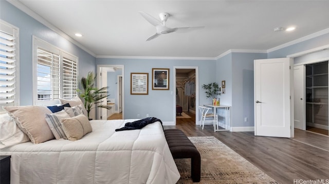 bedroom with a closet, dark wood-type flooring, a walk in closet, crown molding, and ceiling fan