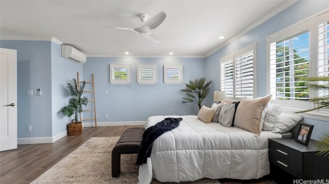 bedroom featuring ornamental molding, a wall unit AC, dark hardwood / wood-style floors, and ceiling fan