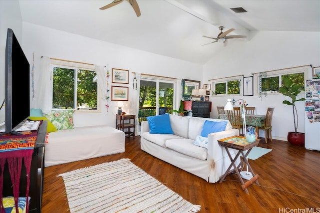 living room featuring dark wood-type flooring and ceiling fan