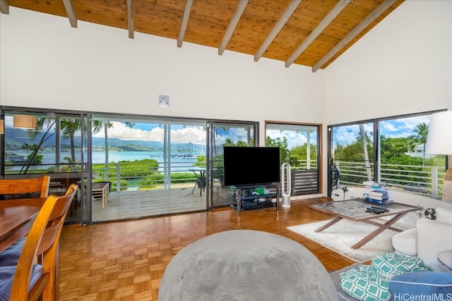 sunroom with wood ceiling and lofted ceiling with beams