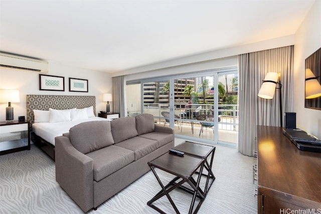 bedroom featuring an AC wall unit, access to exterior, and light colored carpet