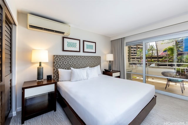 carpeted bedroom with a closet and an AC wall unit