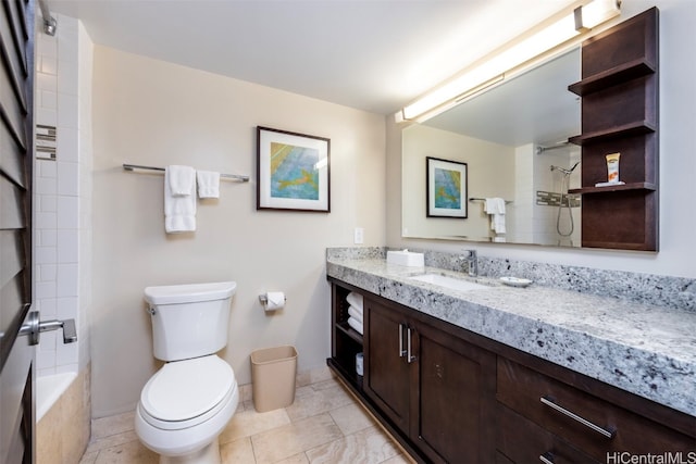 full bathroom featuring vanity, bathtub / shower combination, and toilet