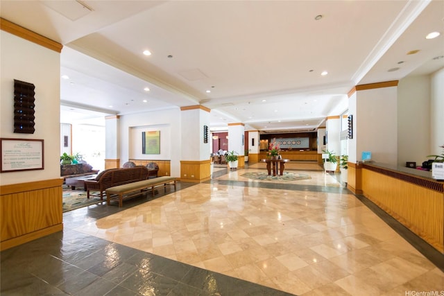 1777 Ala Moana Blvd Unit 207, Honolulu, HI 96815 - common area featuring crown molding, a wainscoted wall, and recessed lighting