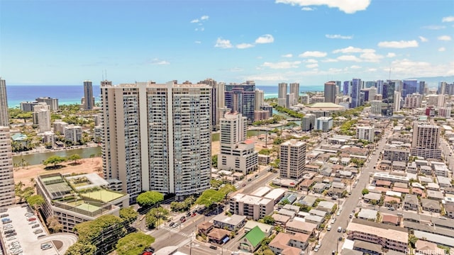 drone / aerial view with a water view