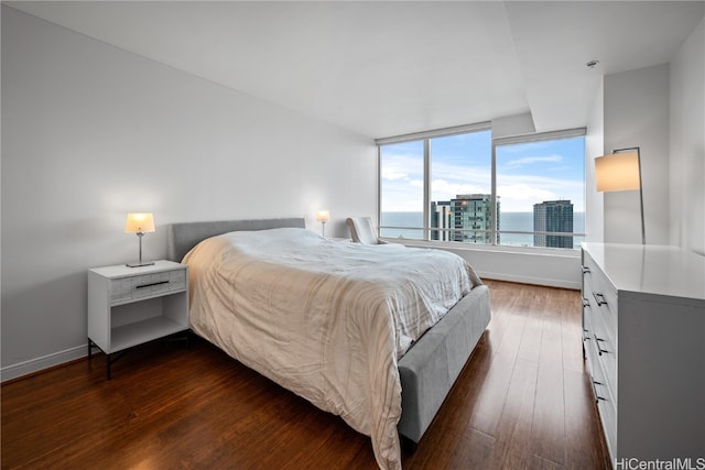 bedroom with a water view and dark hardwood / wood-style flooring