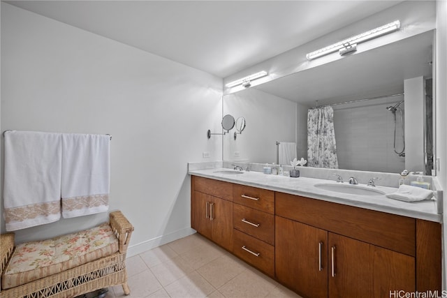 bathroom with vanity, a shower with curtain, and tile patterned floors