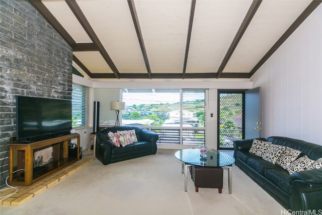 living room featuring vaulted ceiling with beams