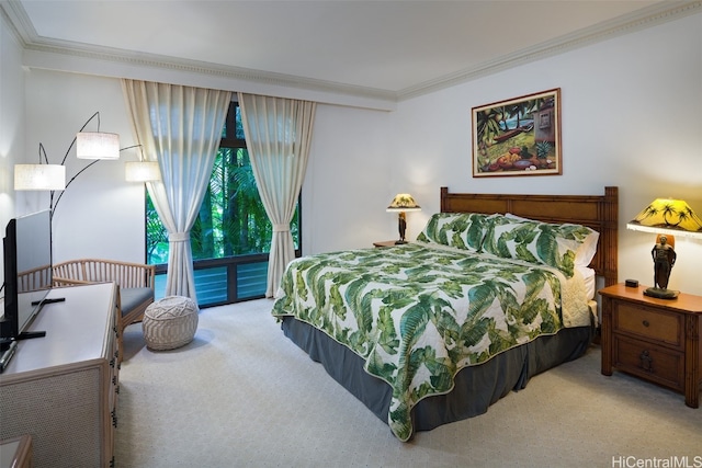 bedroom with crown molding, light carpet, and access to exterior